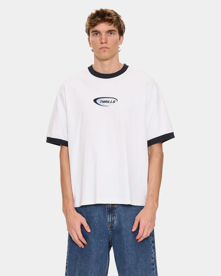 Image of a model wearing Tops. Productname: thrills Mens Fusion Ringer Oversized T-Shirt White - in White colour by brand - Thrills