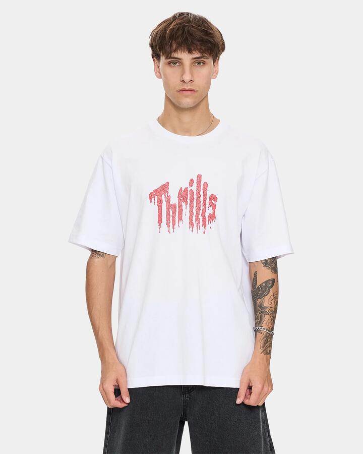 Image of a model wearing Tops. Productname: thrills Mens Once Bitten Twice Shy Oversized T-Shirt White - in White colour by brand - Thrills