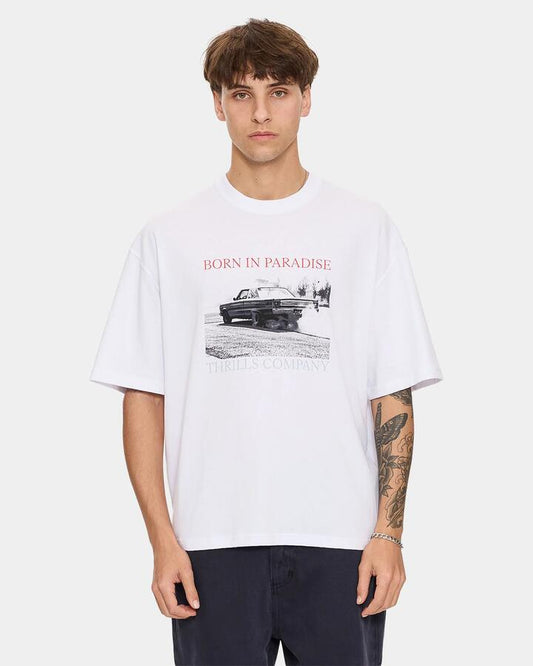 Image of a model wearing Tops. Productname: thrills Mens Metal And Dust Oversized T-Shirt White - in White colour by brand - Thrills