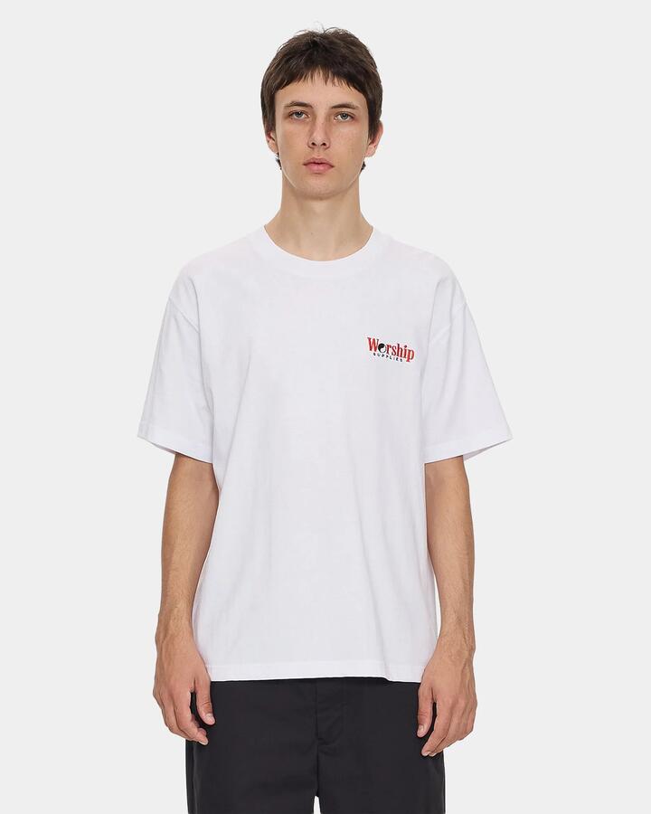 Image of a model wearing Tops. Productname: worship Mens Core Smoko T-Shirt White - in White colour by brand - Worship