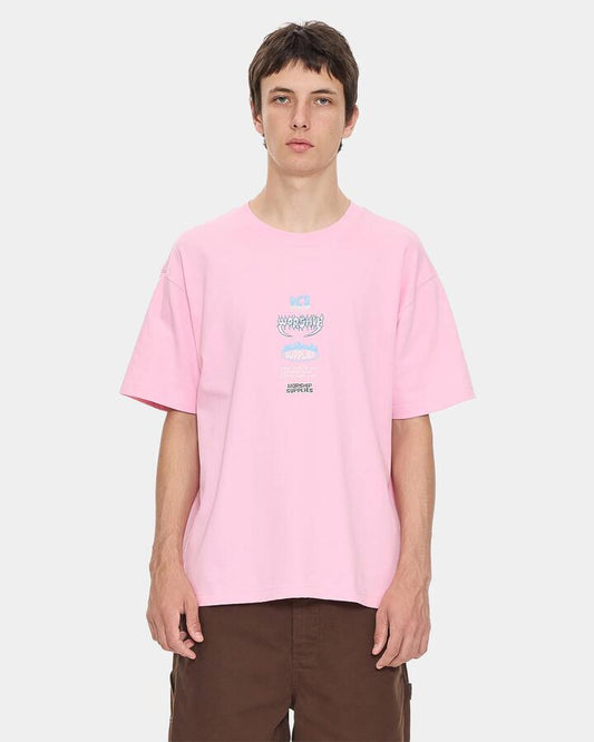 Image of a model wearing Tops. Productname: worship Mens Pile Up T-Shirt Flamingo - in Flamingo colour by brand - Worship