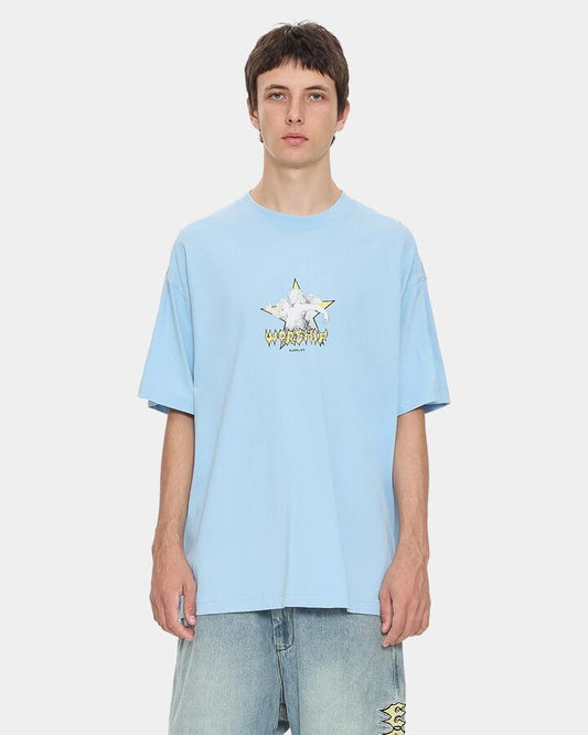 Image of a model wearing Tops. Productname: worship Mens Dreamers Oversized T-Shirt Blue - in Blue colour by brand - Worship