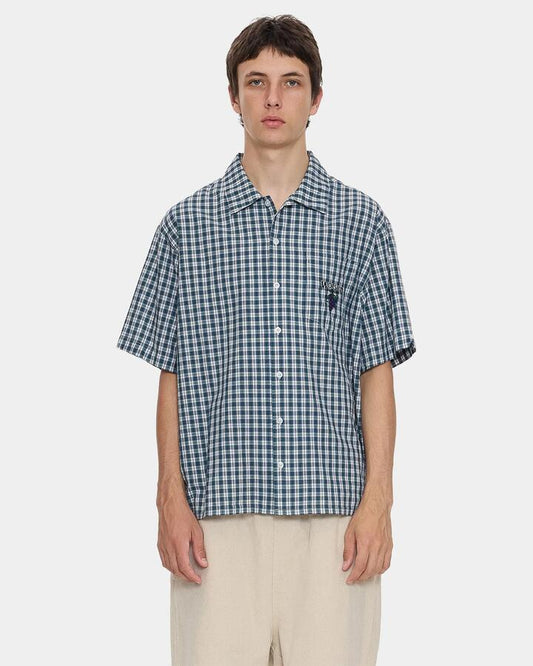 Image of a model wearing Tops. Productname: worship Mens Satisfaction Short Sleeve Shirt Blue - in Blue colour by brand - Worship