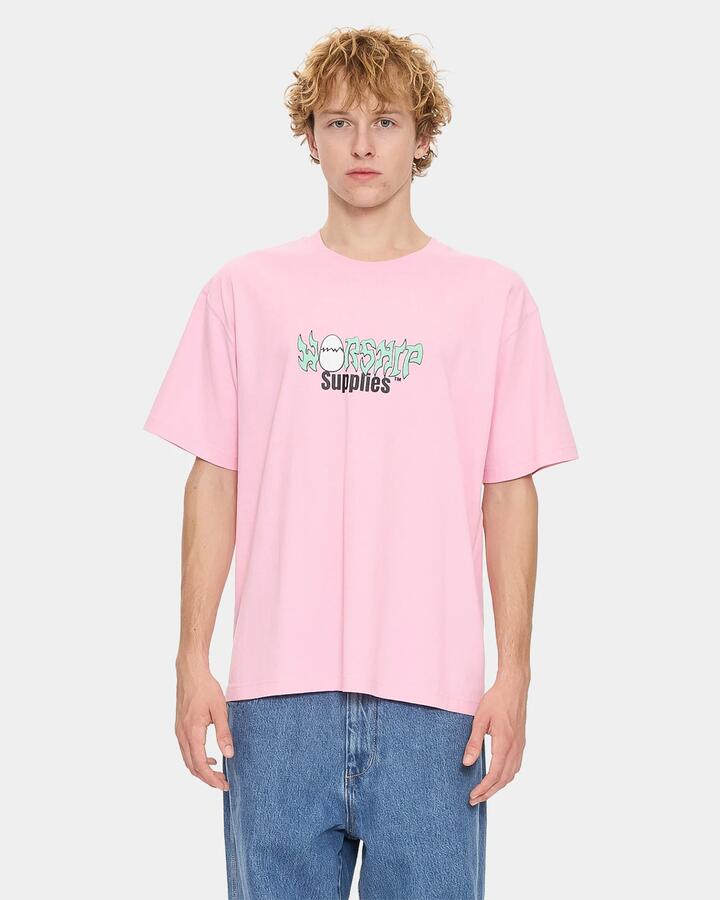 Image of a model wearing Tops. Productname: worship Mens Scrambled T-Shirt Flamingo - in Flamingo colour by brand - Worship