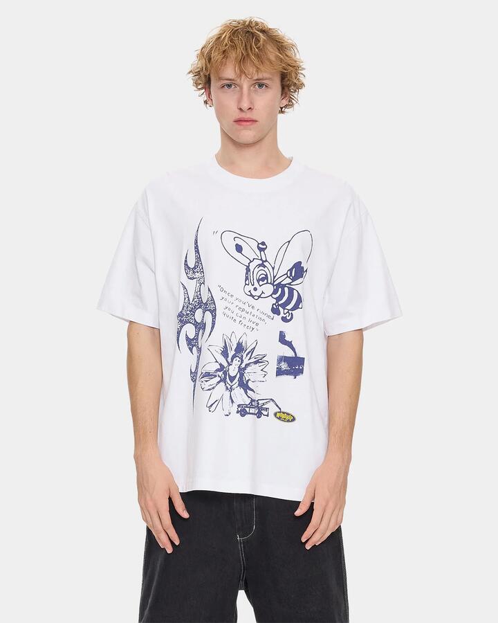 Image of a model wearing Tops. Productname: worship Mens Scatter Brain T-Shirt White - in White colour by brand - Worship