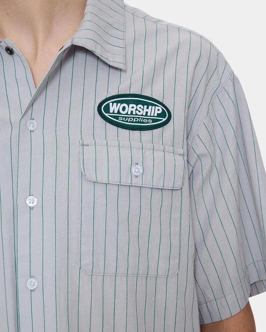 Image of a model wearing Tops. Productname: worship Mens Stripe Short Sleeve Shirt Lunar Grey - in Lunar Grey colour by brand - Worship