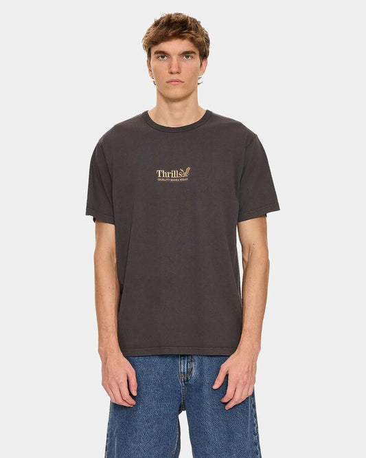 Image of a model wearing Uniforms & Workwear. Product name - Thrills Mens Thrills Workwear Embrodery T-Shirt Dark Charcoal in Dark Charcoal colour by brand - Thrills
