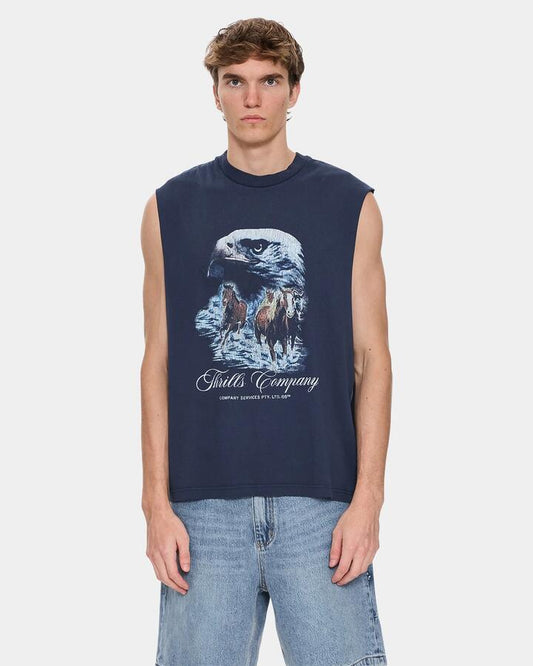 Image of a model wearing Tops. Productname: thrills - Mens Superior Power Box Oversized Muscle - Total Eclipse - in Total Eclipse colour by brand - thrills