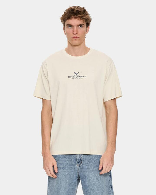 Image of a model wearing Tops. Productname: thrills Mens A Heaven For The Restless T-Shirt Heritage White - in Heritage White colour by brand - Thrills