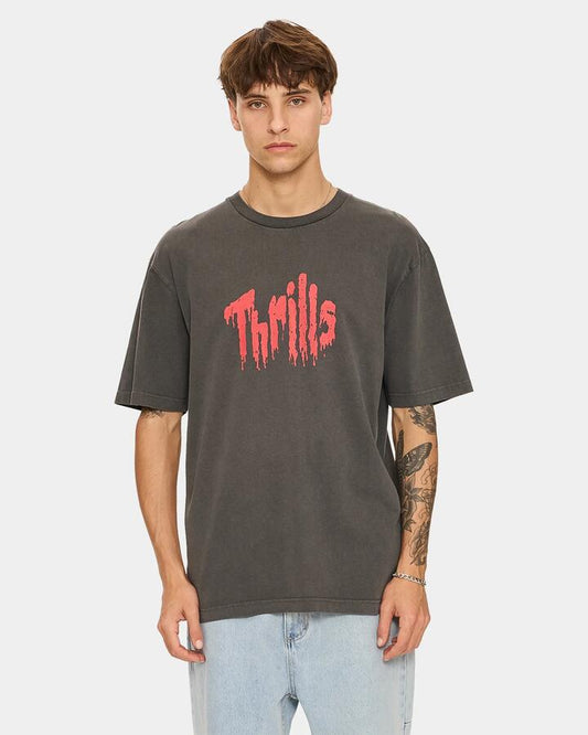 Image of a model wearing Tops. Productname: thrills Mens Once Bitten Twice Shy Oversized T-Shirt Merch Black - in Merch Black colour by brand - Thrills