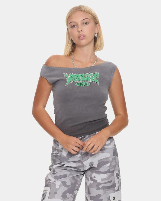 Image of a model wearing Tops. Productname: worship - Womens Whisp Cold Shoulder Tank Top - Worn Black - in Worn Black colour by brand - worship