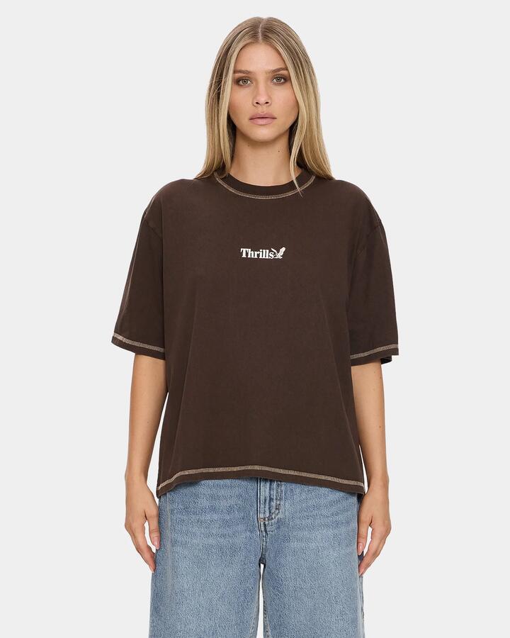 Image of a model wearing Uniforms & Workwear. Productname: thrills - Womens Thrills Workwear Square T-Shirt - Postal Brown - in Postal Brown colour by brand - thrills