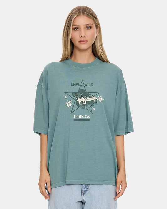 Image of T-Shirts. Product name - Thrills Womens Drive Me Wild Oversized T-Shirt Green Coast in Green Coast colour by brand - Thrills