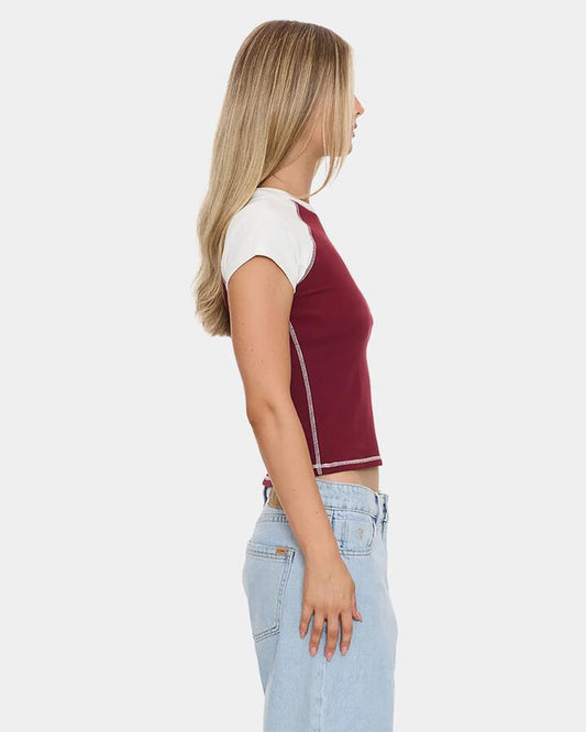 Image of T-Shirts. Product name - Thrills Womens Playing For Keeps Raglan T-Shirt Garnet Red in Garnet Red colour by brand - Thrills