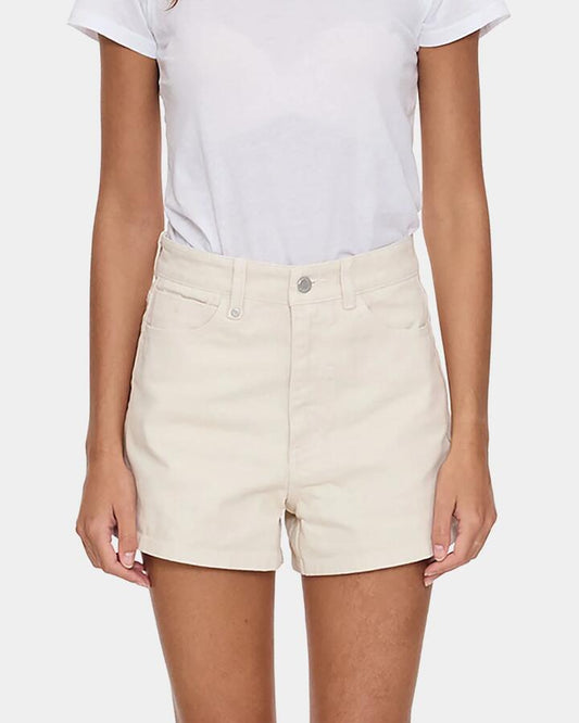 Image of a model wearing Shorts. Productname: thrills - Womens Erica High Rise Denim Shorts - Stone - in Stone colour by brand - thrills
