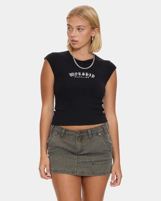 Image of T-Shirts. Product name - Worship Womens Frequency Cap Sleeve T-Shirt Black in Black colour by brand - Worship