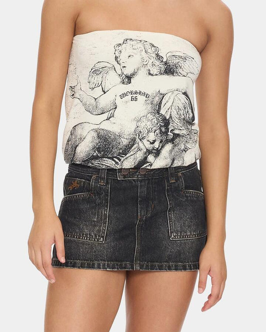 Image of a model wearing Skirts. Productname: worship - Womens Jilted Micro Skirt - Worship Black Dust - in Worship Black Dust colour by brand - worship