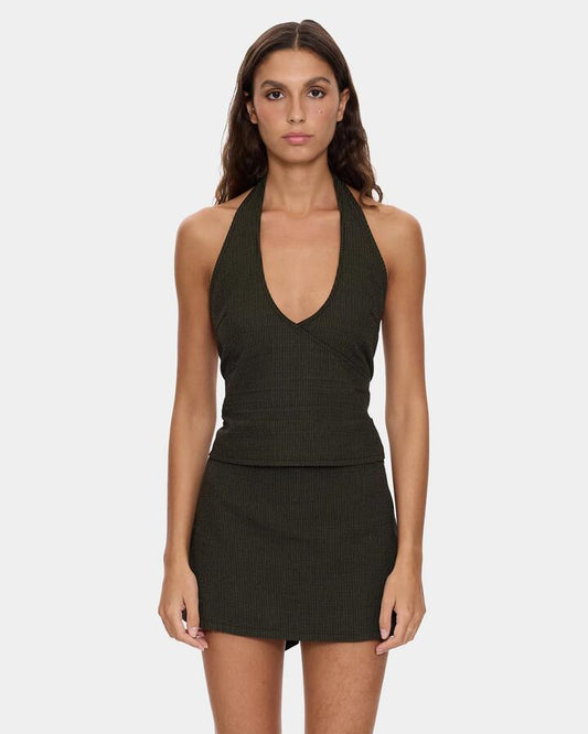 Image of a model wearing Tops. Product name - Thrills Womens Lost Control Halter Tank Top Tarmac in Tarmac colour by brand - Thrills