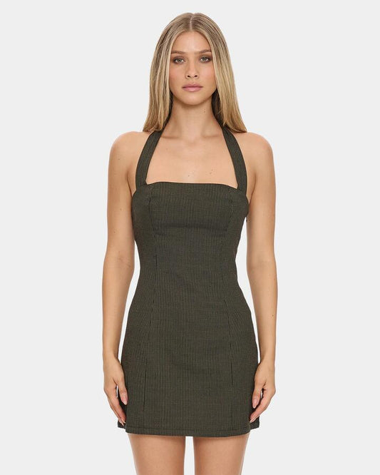 Image of a model wearing Tops. Productname: thrills - Womens Lost Control Halter Mini Dress - Tarmac - in Tarmac colour by brand - thrills