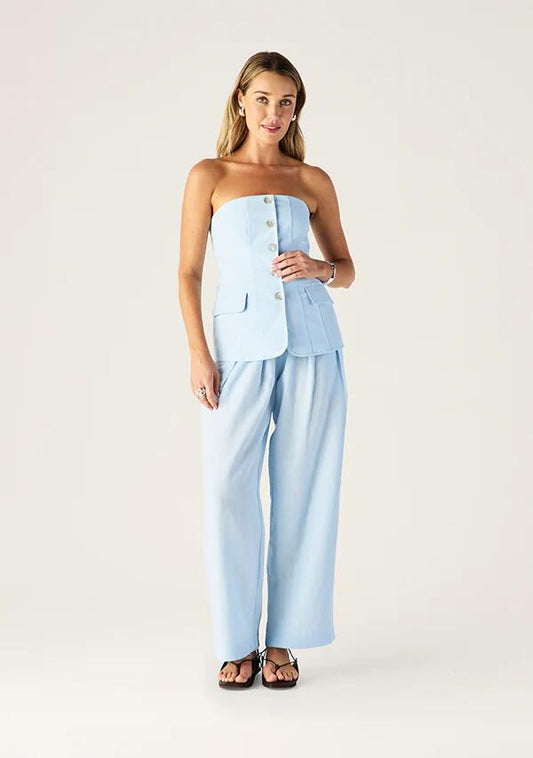 Image of a model wearing Tops. Productname: Monaco Suiting Bustier | MOS The Label in Ice Blue colour by brand - MOS The Label