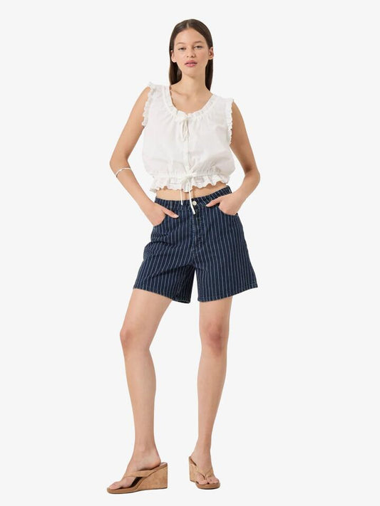 Image of a model wearing Shorts. Productname: Rollas 90s Relaxed Shorts in Indigo Stripe colour by brand - Rollas