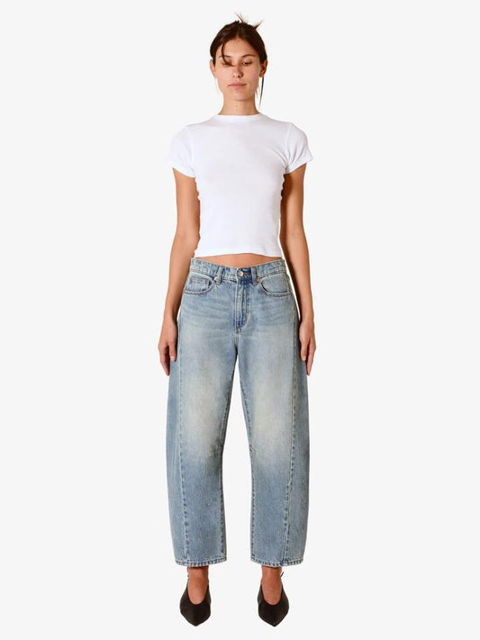 Image of a model wearing Denim. Productname: Rollas Arc Barrel Jeans in Thunderbird colour by brand - Rollas