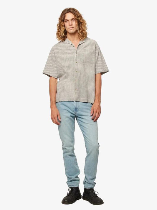 Image of a model wearing Tops. Productname: Rollas Earth Stripe Bowler Shirt in Black Stripe colour by brand - Rollas