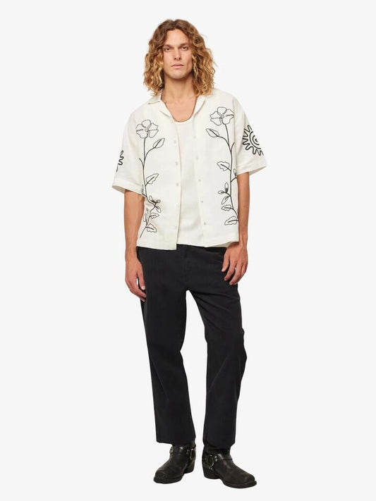 Image of a model wearing Tops. Productname: Rollas Suns Up Flower Bowler Shirt in Off White colour by brand - Rollas