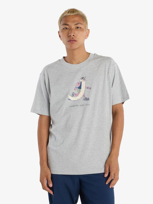 Image of a model wearing Tops. Productname: New Balance Bearded Runner T-Shirt in Athletic Grey colour by brand - New Balance