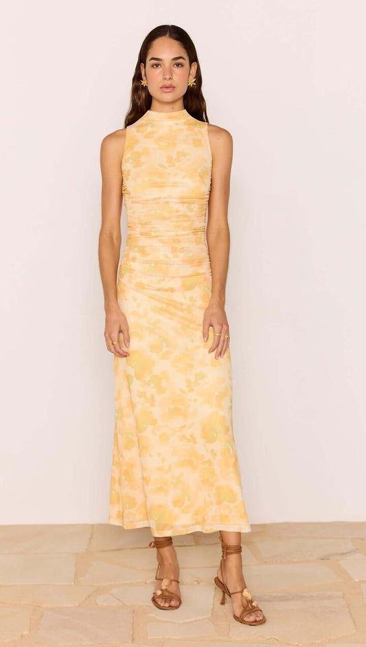 Image of Dresses. Product name - Yellow Floral Mesh Midi Dress in Orange Watercolour Floral colour by brand - MINKPINK