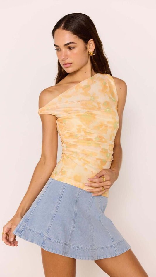 Image of a model wearing Tops. Product name - Yellow Floral Mesh Top in Orange Watercolour Floral colour by brand - MINKPINK
