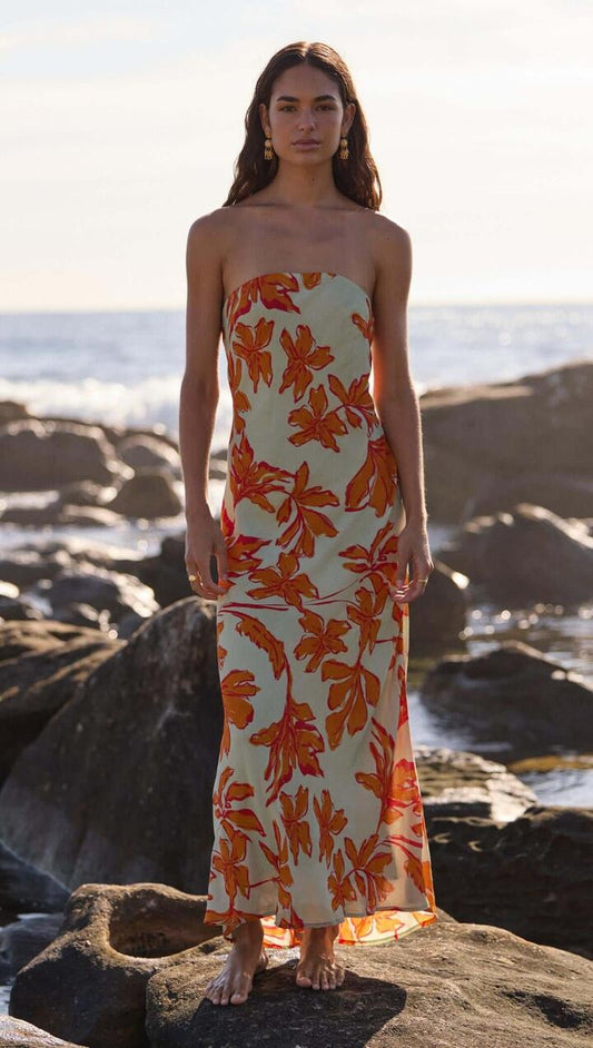 Image of Dresses. Product name - Green & Orange Floral Strapless Maxi Dress in Mint Floral colour by brand - MINKPINK