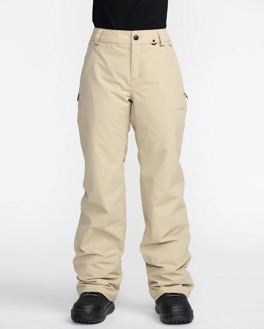 Image of a model wearing Pants. Productname: Volcom - Womens Frochickie Insulated Pant - Oatmeal - in Oatmeal colour by brand - Volcom