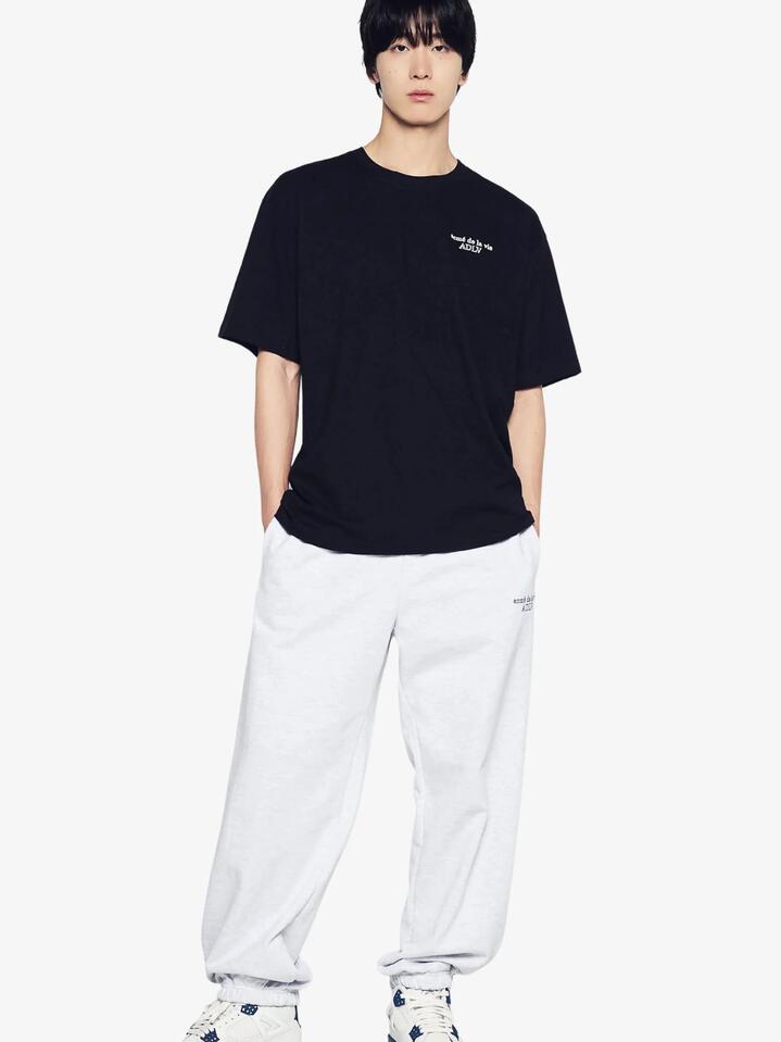 Image of a model wearing Tops. Productname: ADLV Border Line Basic Logo T-Shirt in Black colour by brand - ADLV