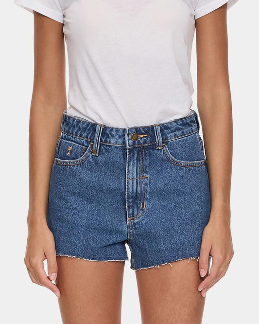 Image of a model wearing Shorts. Productname: thrills Womens Sadie High Rise Micro Denim Shorts Deep Vintage Blue - in Deep Vintage Blue colour by brand - Thrills