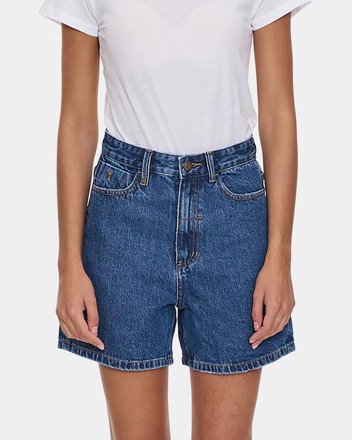 Image of a model wearing Shorts. Productname: thrills - Womens Koko High Rise Denim Shorts - Deep Vintage Blue - in Deep Vintage Blue colour by brand - thrills