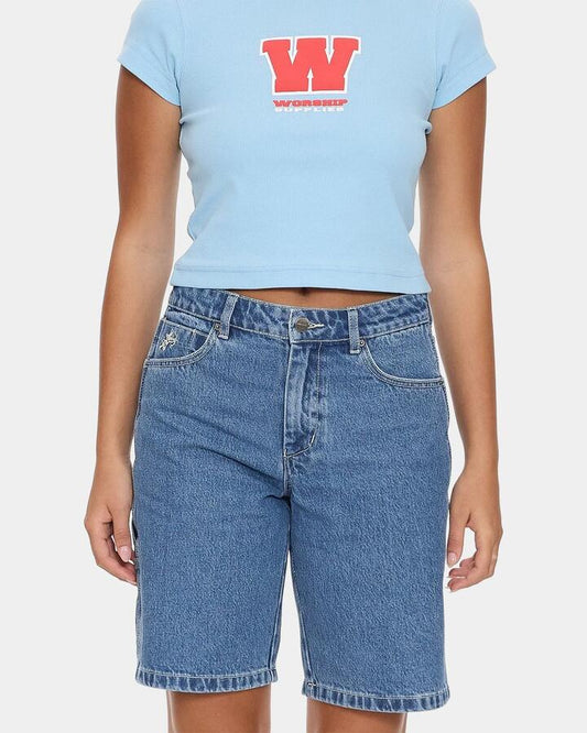 Image of a model wearing Shorts. Productname: worship - Womens Belter Carpenter Denim Shorts - Blue - in Blue colour by brand - worship