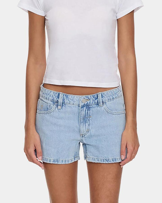 Image of a model wearing Shorts. Product name - Thrills Womens Daria Low Rise Micro Denim Shorts Serenity Blue in Serenity Blue colour by brand - Thrills