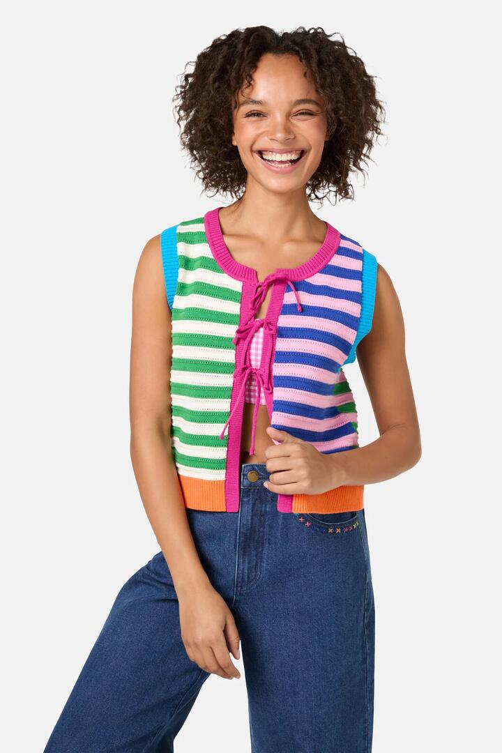 Image of a model wearing Tops. Product name - Clementine Cotton Knit Vest in Multi colour by brand - Gorman