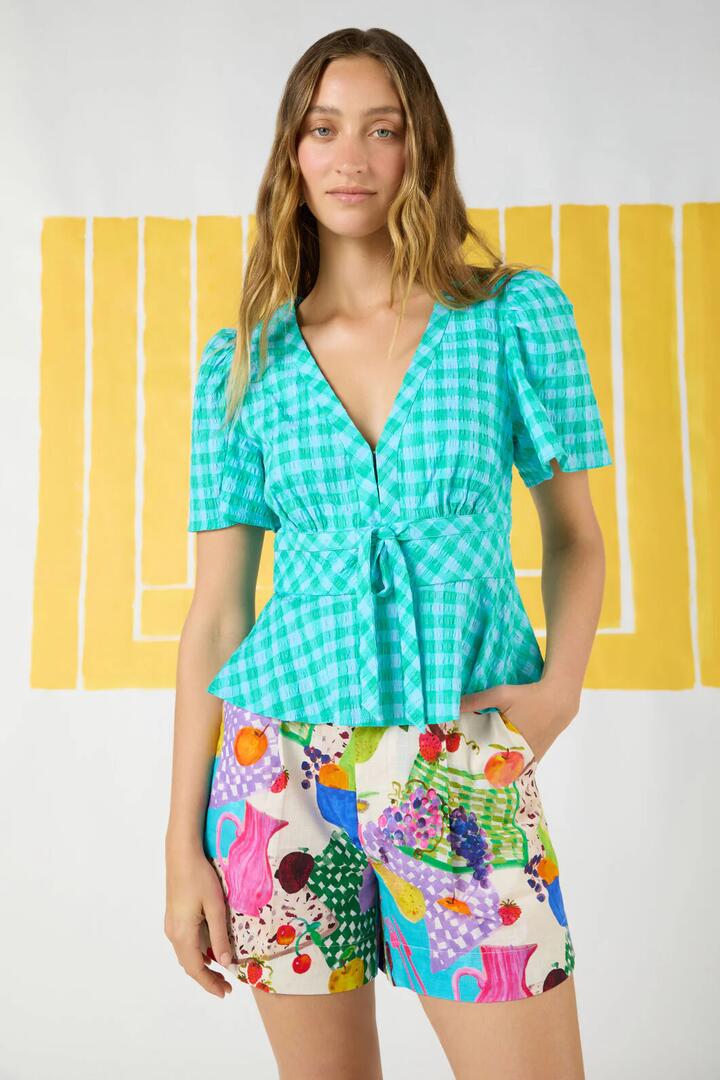 Image of a model wearing Tops. Product name - Sunny Cotton Check Top in Check colour by brand - Gorman