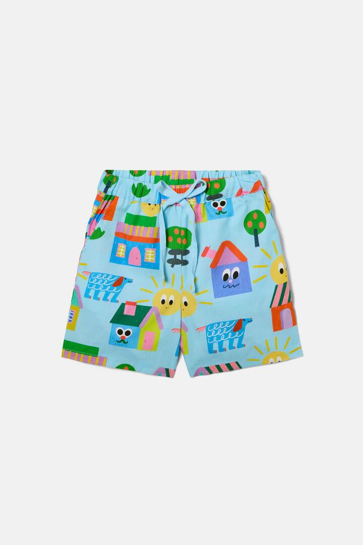 Image of a model wearing Shorts. Product name - Little Huts Kids Shorts in Blue colour by brand - Gorman