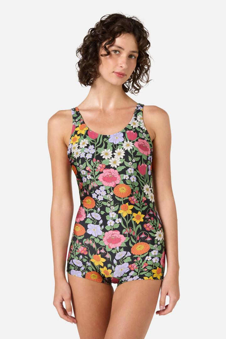 Image of Swimwear. Productname: Floral Field Boyleg One Piece in Black colour by brand - Princess Highway