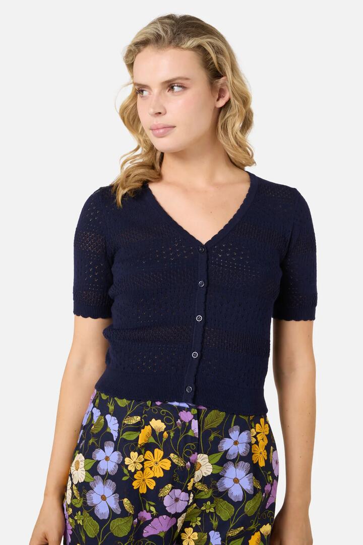 Image of a model wearing Tops. Productname: Mae Short Sleeve Cardigan in Lilac colour by brand - Princess Highway