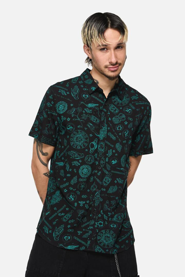 Image of a model wearing Tops. Productname: Spellbook Short Sleeve Shirt in Black colour by brand - Black Friday