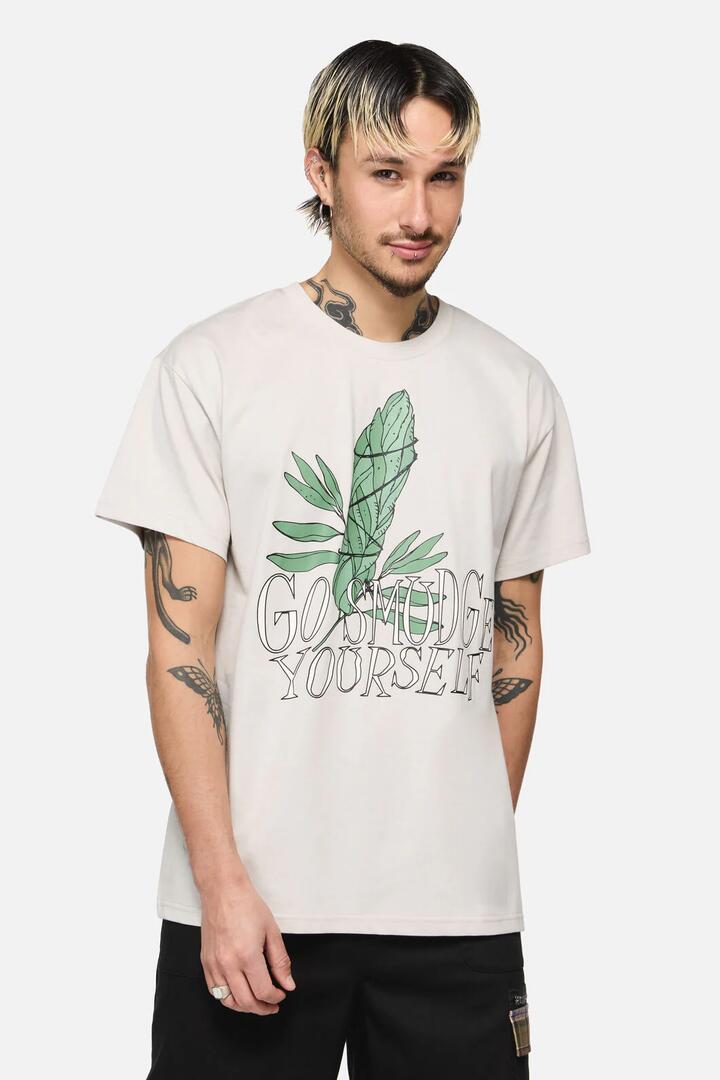 Image of a model wearing Tops. Productname: Go Smudge Yourself Witch Tee in Grey colour by brand - Black Friday