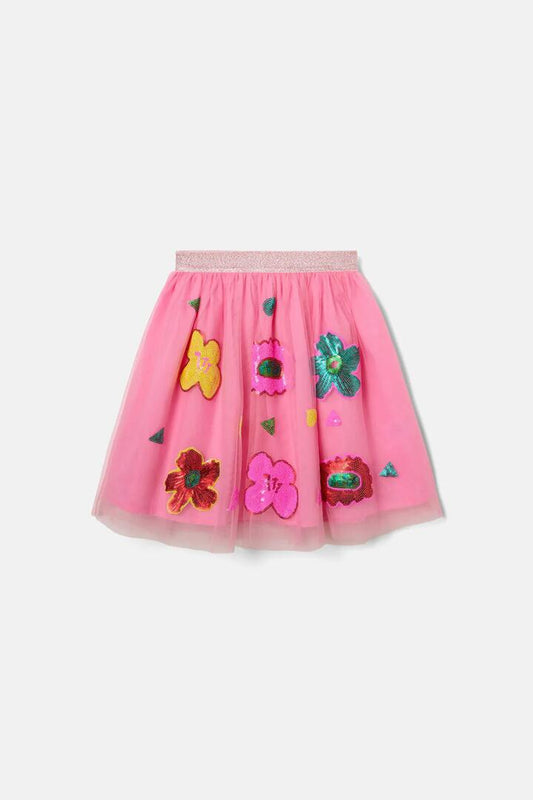 Image of a model wearing Skirts. Product name - Bold Floral Kids Sequins Skirt in Pink colour by brand - Gorman