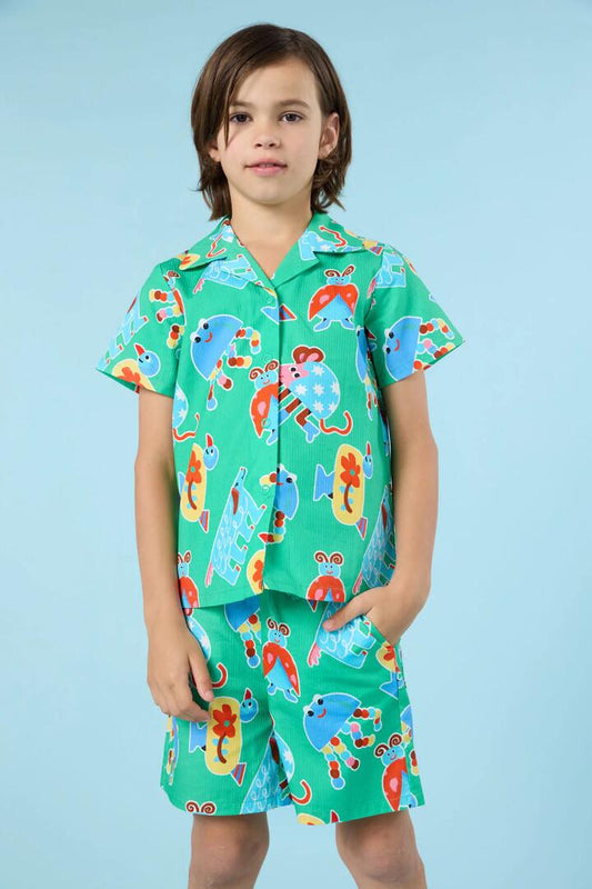 Image of a model wearing Shorts. Product name - Buggy Stripe Kids Shorts in Green colour by brand - Gorman
