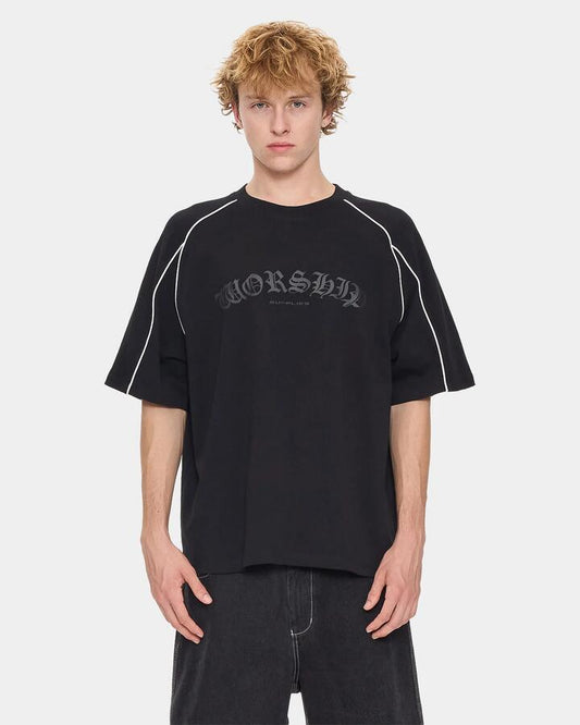Image of T-Shirts. Product name - Worship Mens Frequency Panel Oversized Raglan T-Shirt Black in Black colour by brand - Worship