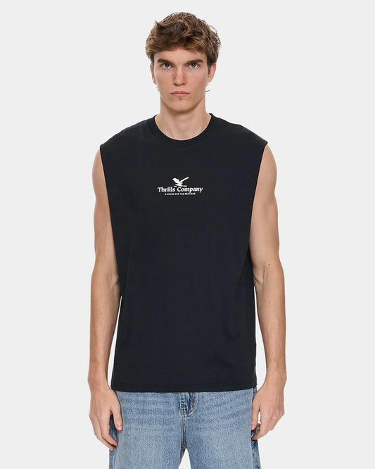 Image of a model wearing Tops. Productname: thrills - Mens A Heaven For The Restless Muscle - Washed Black - in Washed Black colour by brand - thrills