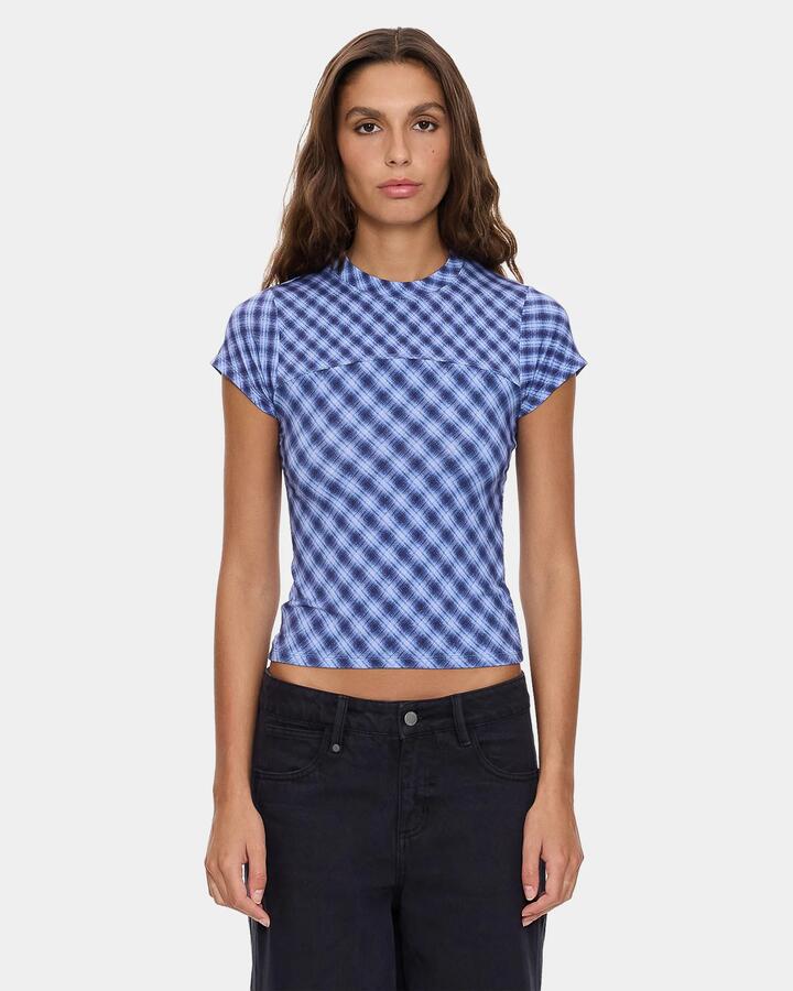 Image of T-Shirts. Product name - Thrills Womens High Speed Check Panelled Club T-Shirt Guardian Navy in Guardian Navy colour by brand - Thrills